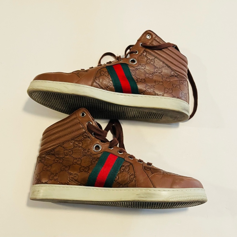 Gucci Guccissima Brown Leather High Top Men’s Signature Sneakers Size 8 G - Picture 5 of 9